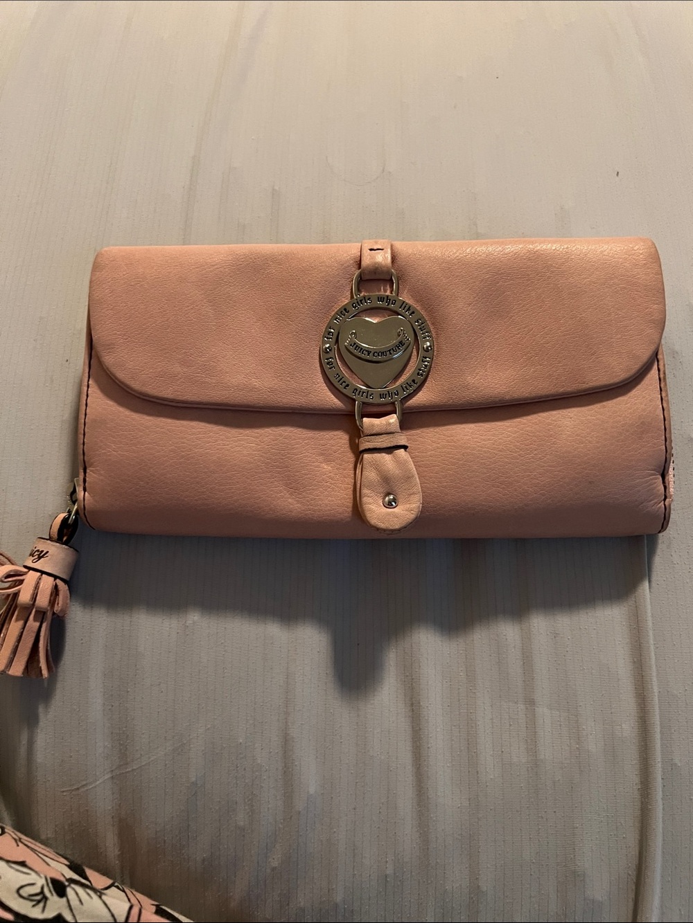 Juicy Couture Blush Pink Leather Fold-Over Clutch with Tassel